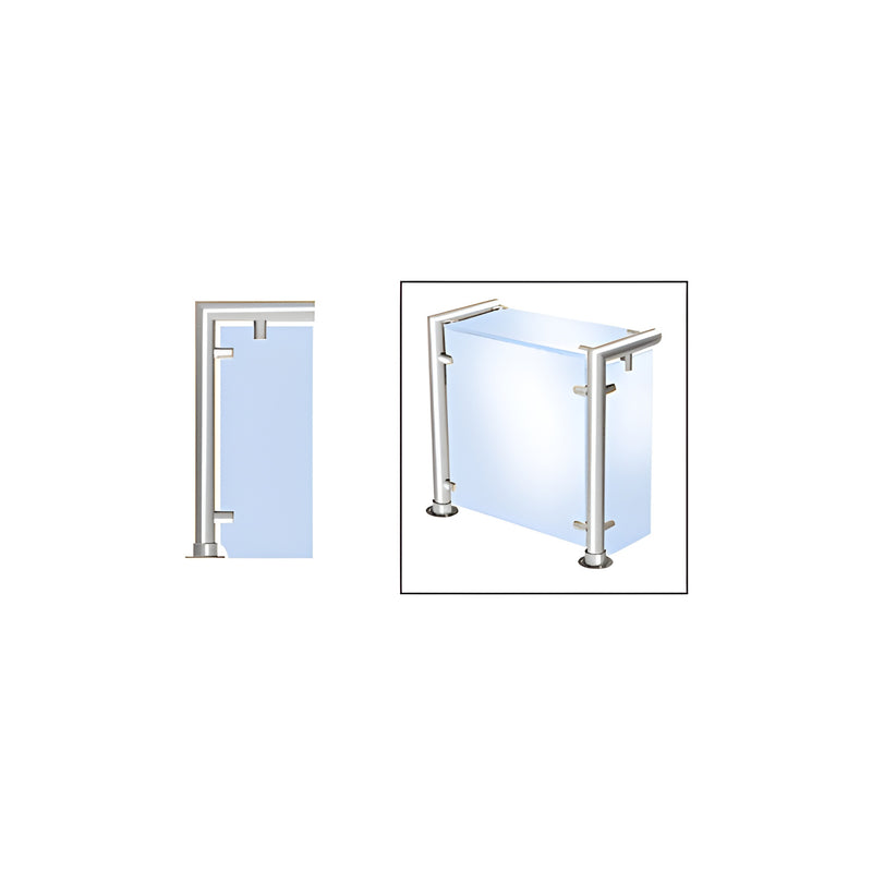 A polished stainless steel sneeze guard frame with 1-1/2 inch tubing designed to hold 3/8 inch thick glass panels on the top, front, and sides.