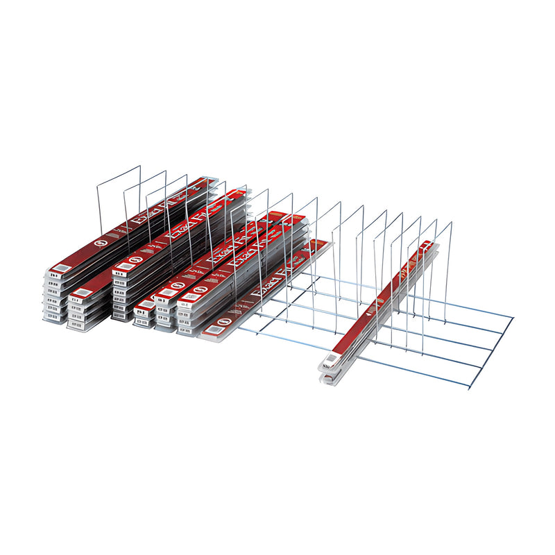 A wire storage rack holding multiple packaged wiper blades in vertical slots.