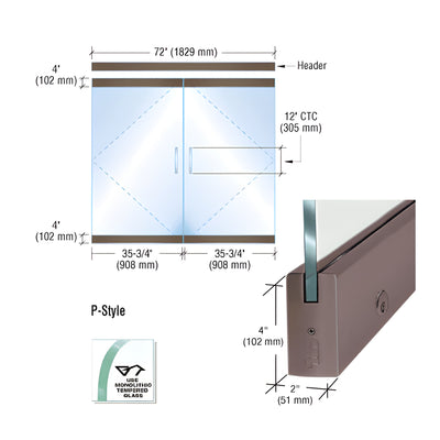 CRL Black Bronze Dry Glazed Frameless Glass 6'-0" P-Style Double Door Complete Entrance Kit - with Lock