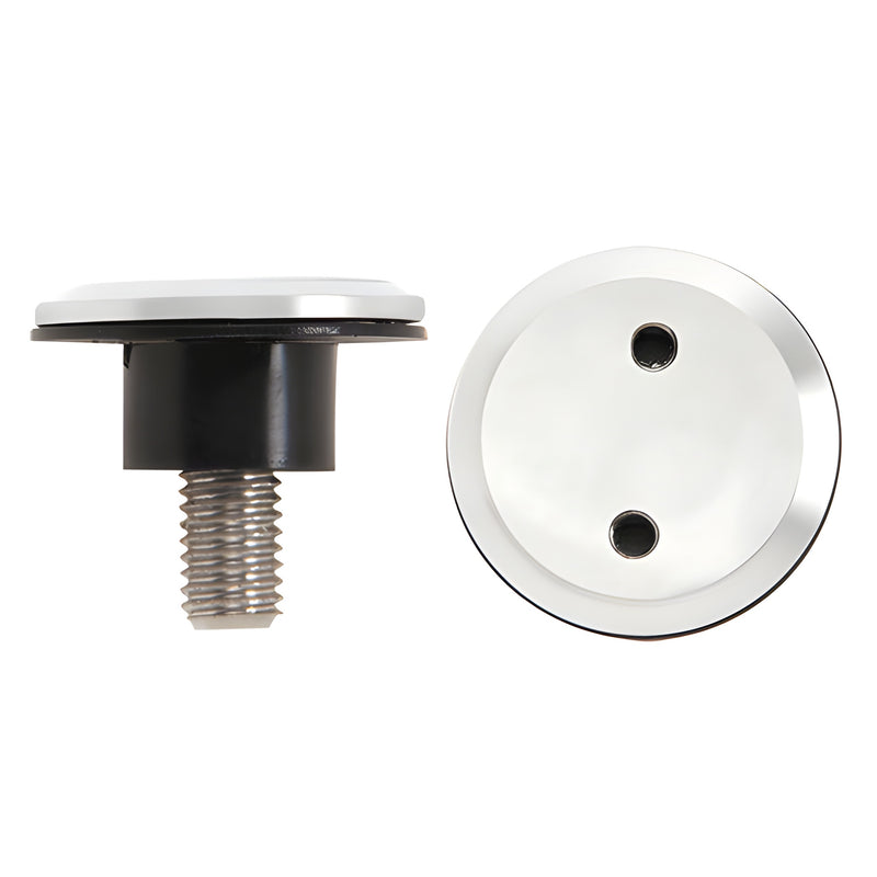 A side and top view of a polished stainless steel surface mount screw and black gasket for Laguna roller assemblies.
