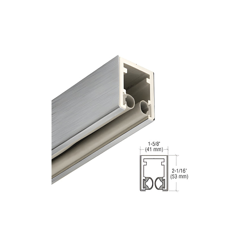 A close-up view of a powder-coated head channel for 1/2-inch glass with an integrated technical diagram showing dimensions.
