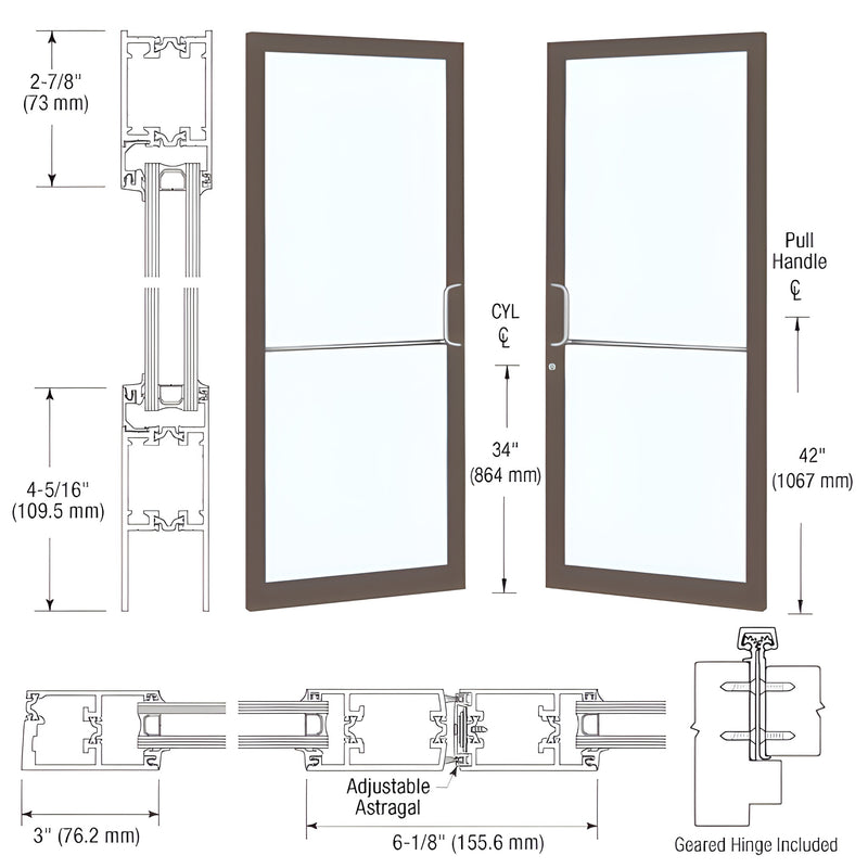 Technical diagram showing a pair of narrow stile thermal entrance doors with dark bronze finish, geared hinges, and detailed cross-section dimensions.