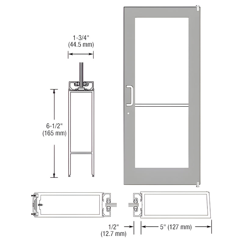 Technical diagram showing the profile and elevation of a 550 Series wide stile active leaf door with clear anodized finish.