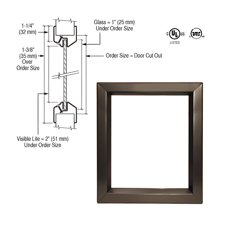 A bronze-finished rectangular door vision lite frame shown with a technical diagram illustrating installation dimensions.