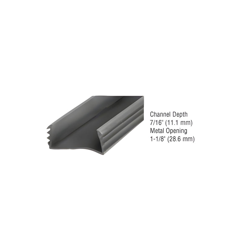 A close-up view of black CRL glazing vinyl showing its U-shaped profile and channel dimensions.