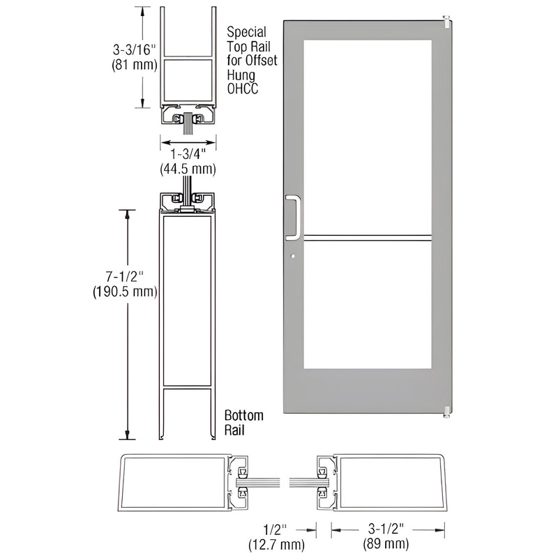 Technical diagram showing the profile dimensions and elevation of a Series 400 medium stile offset pivot entrance door.