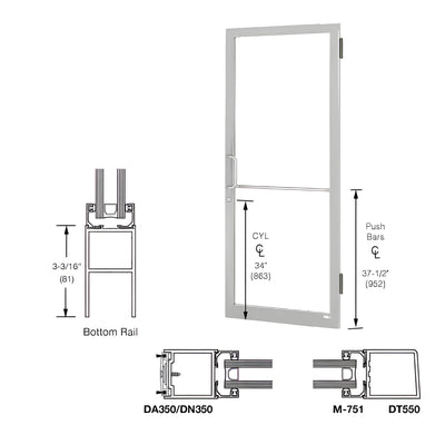 CRL-U.S. Aluminum Clear Anodized 250 Series Narrow Stile Active Leaf of Pair 3'0 x 7'0 Offset Hung with Butt Hinges for Surf Mount Closer Complete Door Std. MS Lock and Std. Bottom Rail