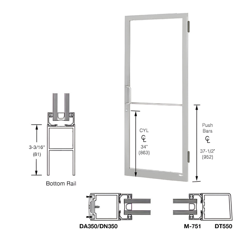 Technical diagram showing the 250 Series narrow stile active leaf door with dimensions for the bottom rail, cylinder, and push bars.