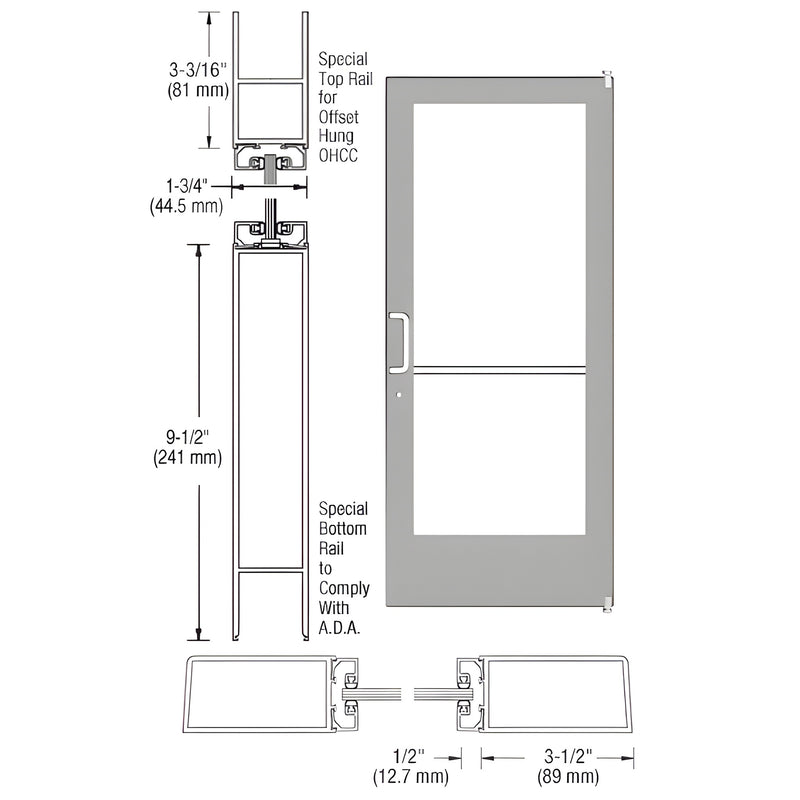 Technical line drawing showing the profile dimensions and assembly of a Series 400 medium stile offset pivot entrance door.