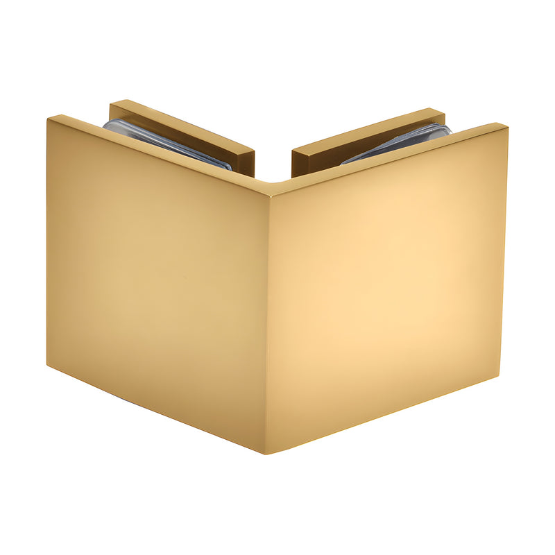 A satin brass square glass-to-glass clamp shown from an exterior corner angle.