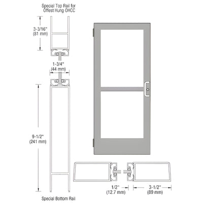 CRL-U.S. Aluminum Clear Anodized Single 36" x 84" Series 400 Medium Stile Right Side Latch Butt Hinged Entrance Door With Panic for 105 Degree Overhead Concealed Door Closer
