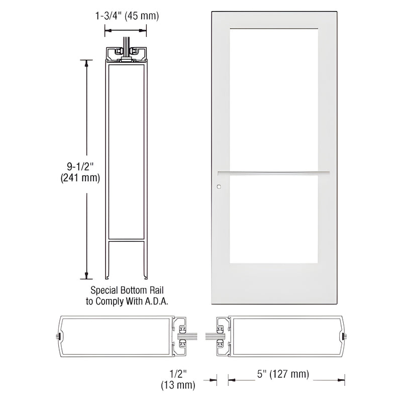 Technical diagram showing the profile and dimensions of a Series 550 wide stile center pivot entrance door with an ADA-compliant bottom rail.