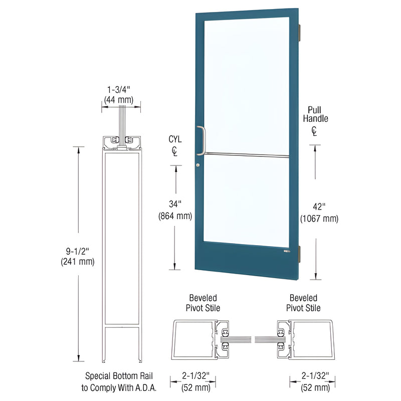 A technical diagram showing the dimensions and profile of a CRL-U.S. Aluminum Series 250 narrow stile entrance door with a custom Kynar finish.