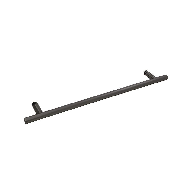 A matte black ladder style towel bar with a tubular design and glass mount hardware.