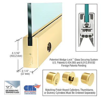 CRL Satin Brass 5/8" Glass 4" Square Door Rail With Lock - Custom Length