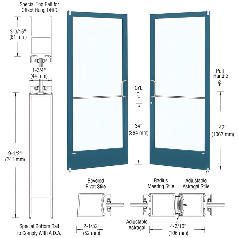 A technical diagram showing a pair of narrow stile offset pivot entrance doors with custom Kynar finish and overhead concealed door closer specifications.