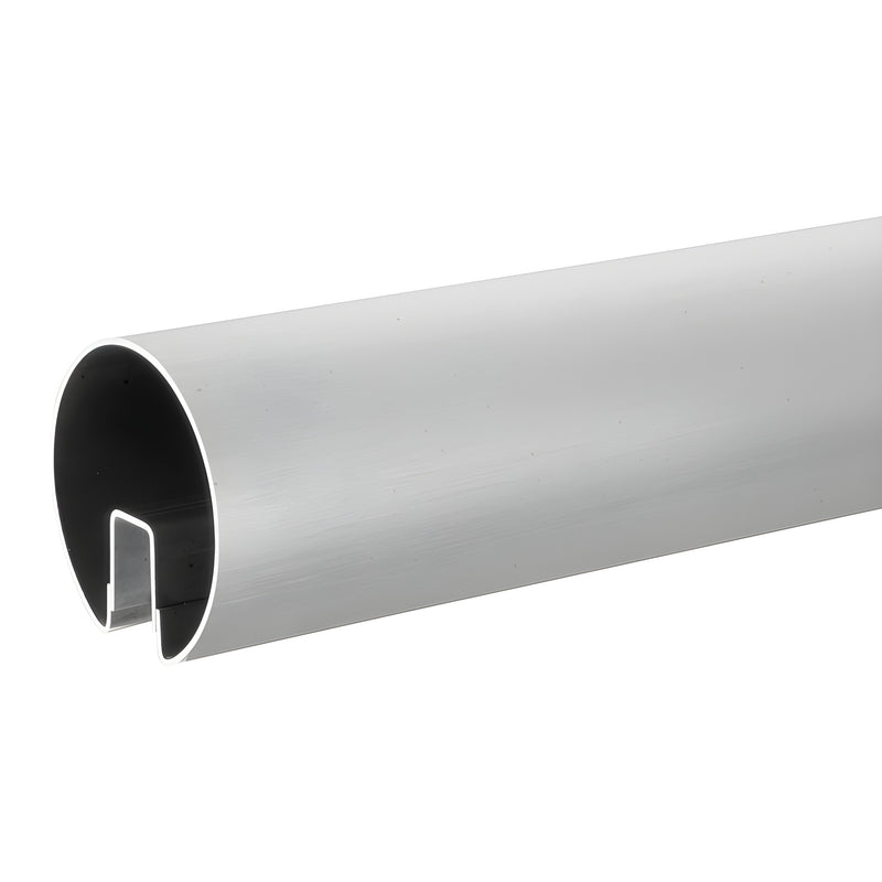 A section of brushed stainless steel cap rail showing the U-shaped channel for glass installation.