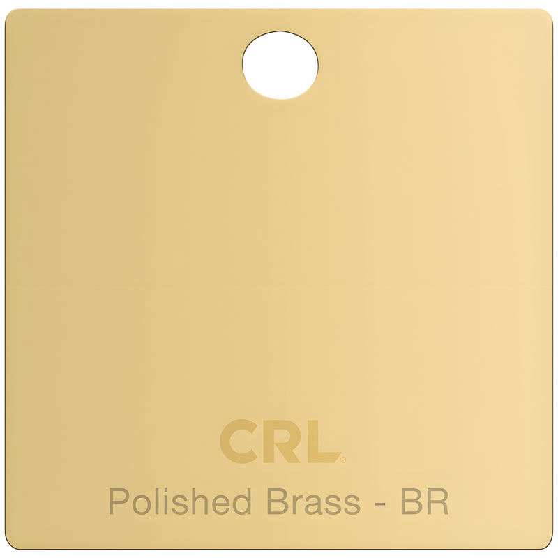 A square polished brass color chip featuring the CRL logo and finish name with a hole at the top for hanging.