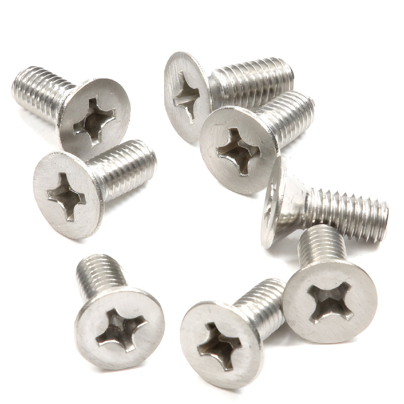 A group of eight M6 x 15 mm stainless steel flat head Phillips screws with a brushed nickel finish.