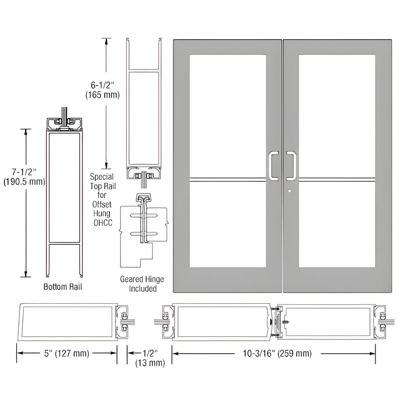 Technical diagram showing the profile dimensions and assembly of a pair of Series 550 wide stile aluminum entrance doors with geared hinges.