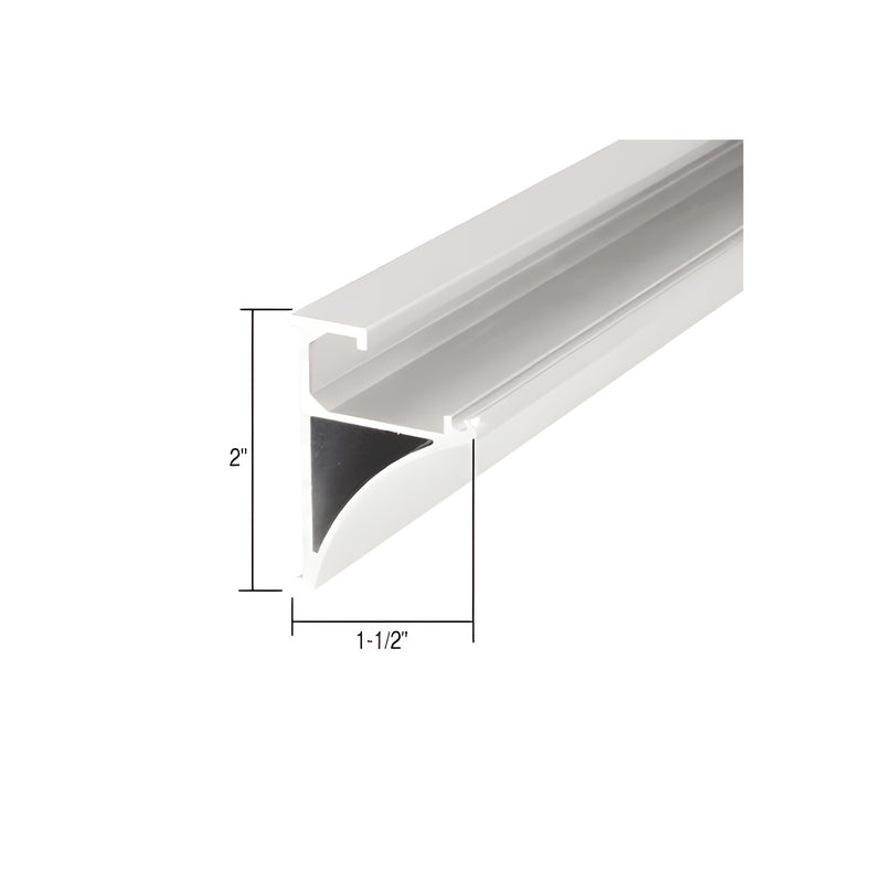 A close-up view of a white aluminum shelving extrusion profile showing its 2-inch height and 1.5-inch depth dimensions.