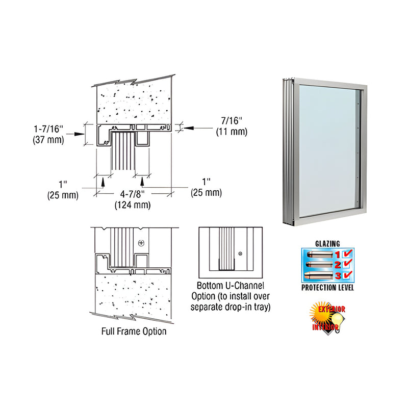 A technical diagram showing the profile of a satin anodized aluminum vision window frame with various glazing and installation options.