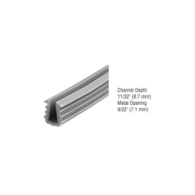 A close-up view of a gray vinyl glazing channel designed for 3/16 inch and 7/32 inch glass thickness.