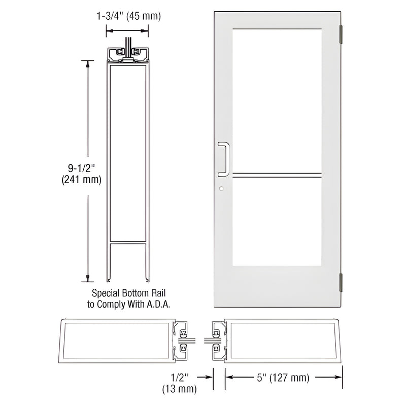 Technical diagram showing the profile and dimensions of a Series 550 wide stile entrance door with an ADA-compliant bottom rail.