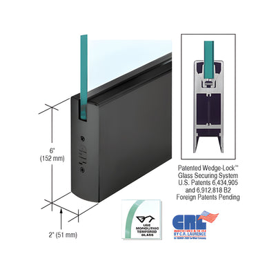 CRL Black Powder Coated 3/8" Glass 6" Square Door Rail Without Lock - 35-3/4" Length