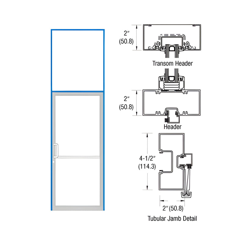 Technical diagram showing the transom header, door header, and tubular jamb profile for a Series 451 door frame system.