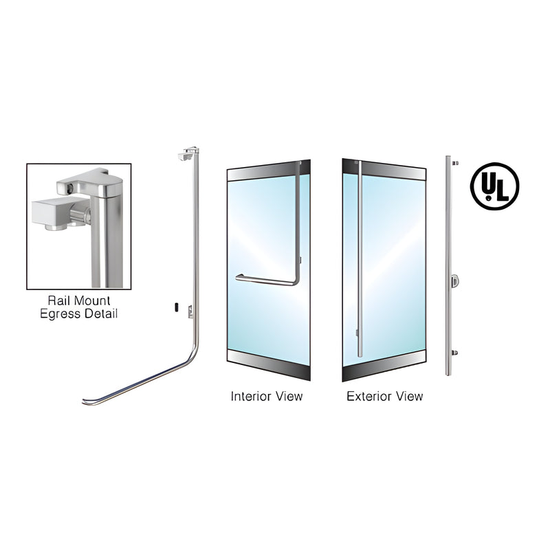 A technical diagram showing the CRL-Blumcraft right hand reverse rail mount electronic egress handle with interior and exterior door views.
