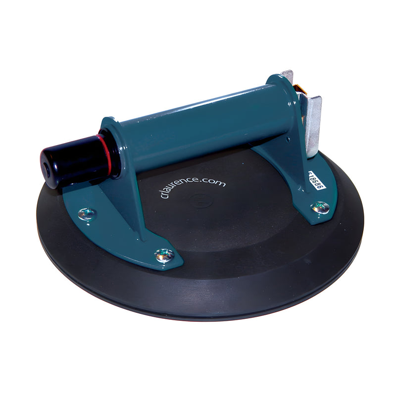 A 9-inch diameter vacuum cup with a teal metal handle and black rubber base for lifting non-porous materials.