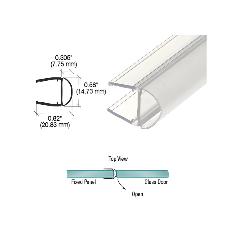A technical diagram showing the profile dimensions and installation view of a clear polycarbonate bulb seal for 3/8 inch glass.