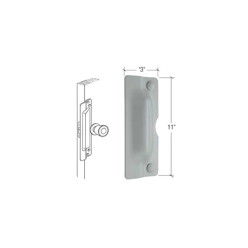 A technical diagram shows an 11-inch gray steel latch shield for flush mounted doors, including mounting hardware.