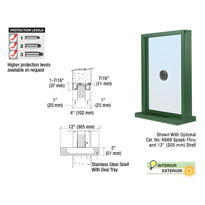 CRL KYNAR® Painted (Specify) Aluminum Narrow Inset Frame Exterior Glazed Exchange Window with 12" Shelf and Deal Tray