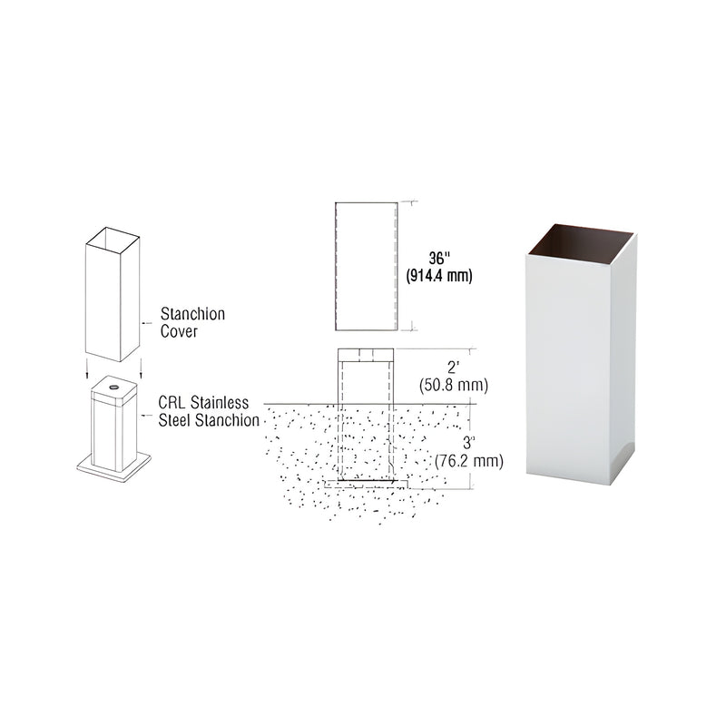 A technical diagram showing the installation of a 36-inch square aluminum stanchion cover over a stainless steel stanchion base.
