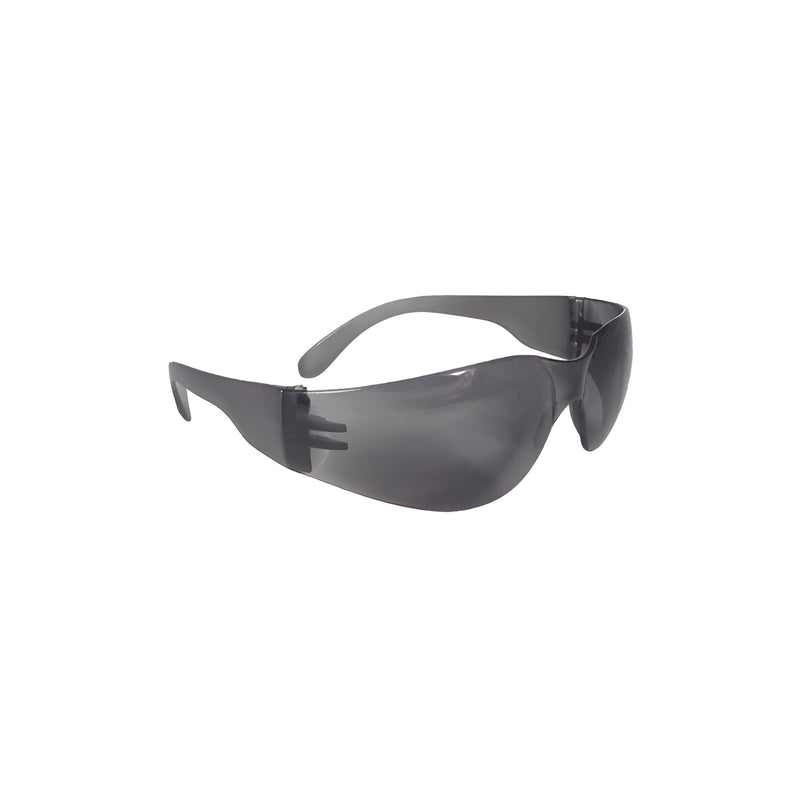 A pair of smoke-tinted polycarbonate safety glasses shown from a side angle.