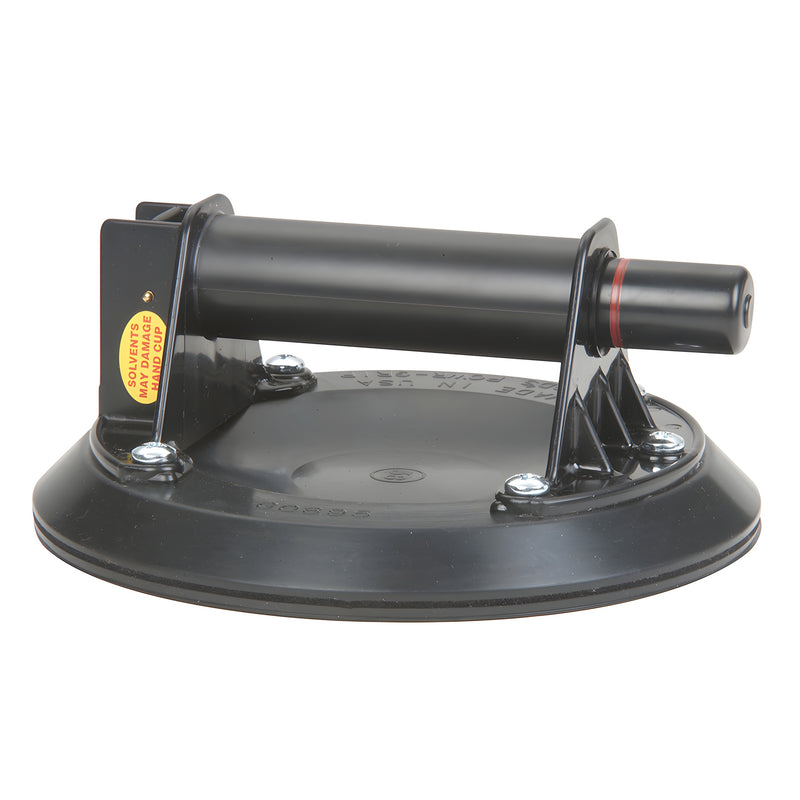 An 8-inch black vacuum cup with a Lexan handle designed for lifting materials on textured surfaces.