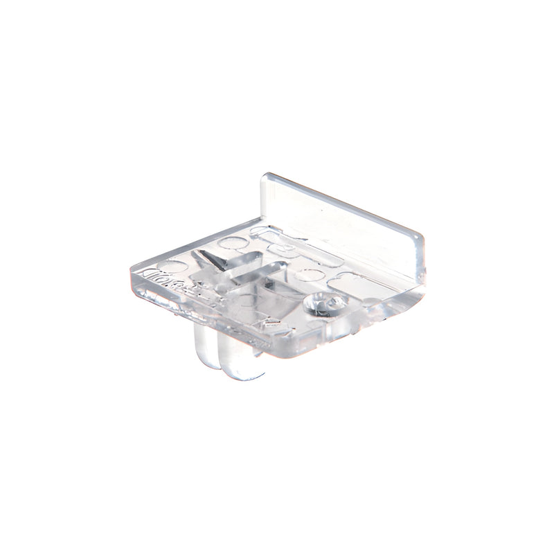 A close-up of a clear acrylic left-hand front rest shelf support component.