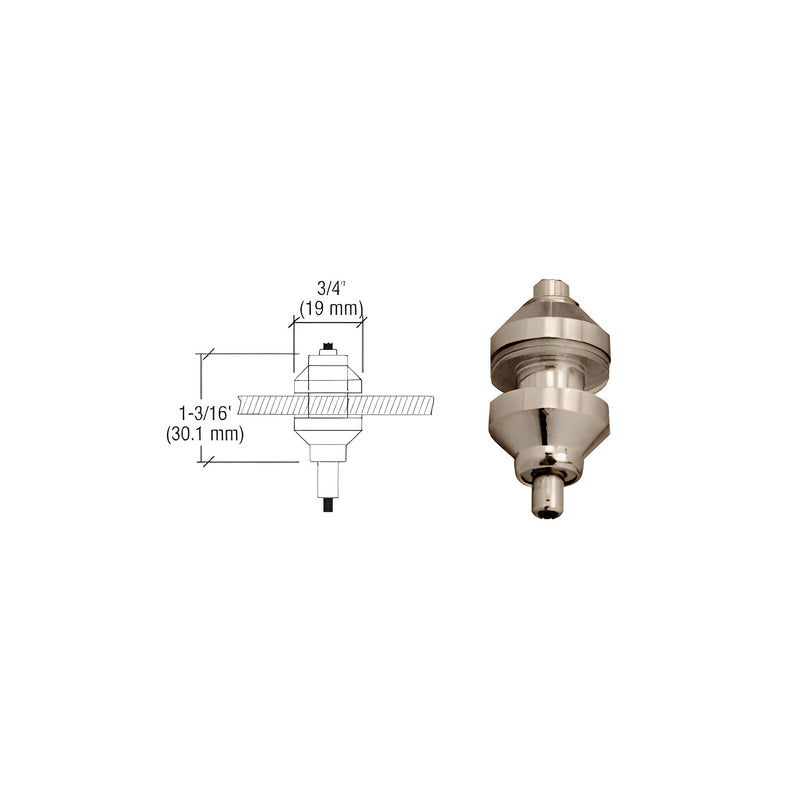 A technical diagram and a photograph of a brushed nickel brass shelf bracket designed for drilled glass in cable display systems.