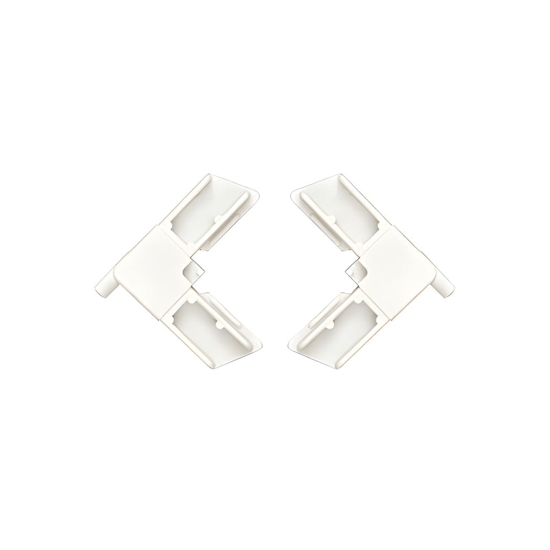 Two white square-cut corner connectors for 5/16 inch by 3/4 inch storm door screen frames.