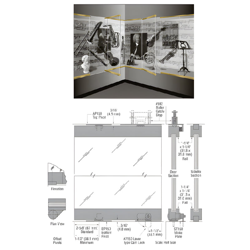 A technical diagram showing the assembly and dimensions of a CRL-Blumcraft 1301 Series display case door with satin brass rails and tempered glass.