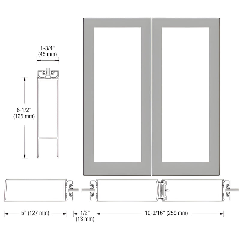 Technical line drawing showing the profile and dimensions of a 550 wide offset stile entrance door pair.