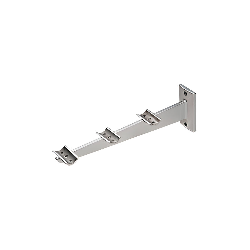 A brushed stainless steel tray slide shelf bracket featuring a 12-inch depth and three curved mounting cradles.