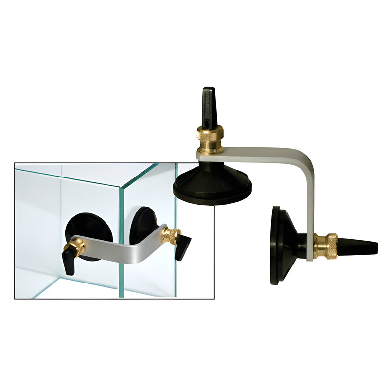 A CRL fixed position 90-degree suction holder with 2-3/8 inch pads shown in isolation and attached to a glass corner.
