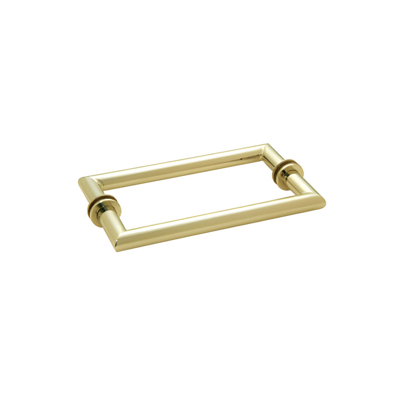 A rectangular unlacquered brass back-to-back towel bar with a squared tubular design for glass mounting.