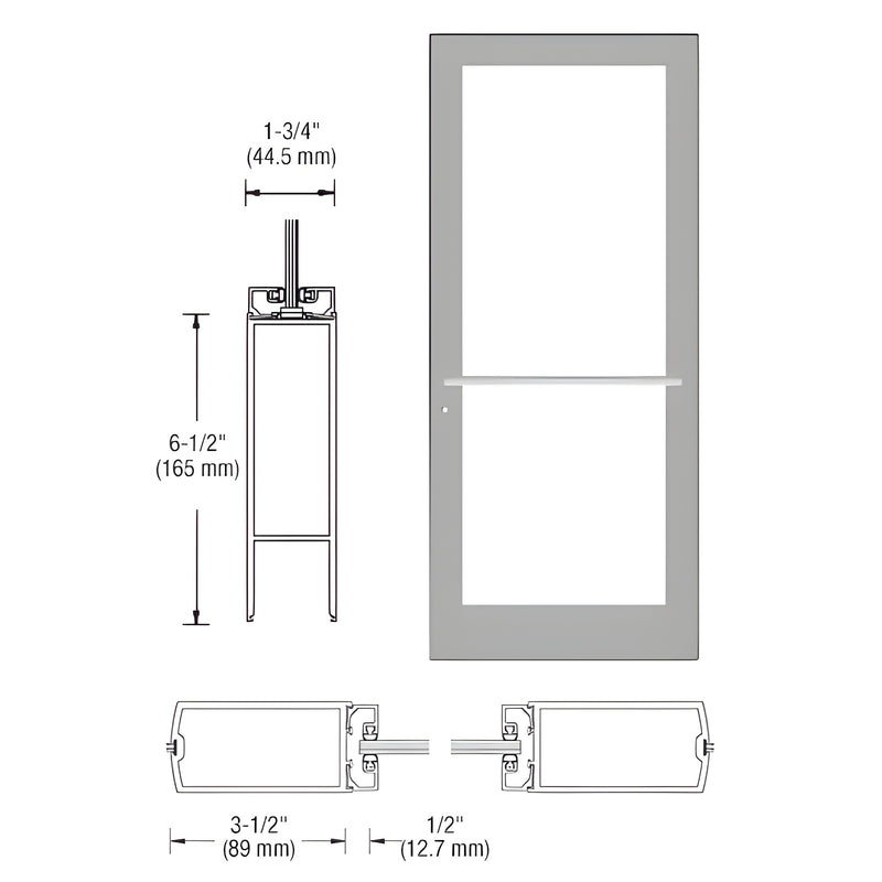 Technical diagram showing the profile dimensions and elevation view of a Series 400 medium stile aluminum entrance door.