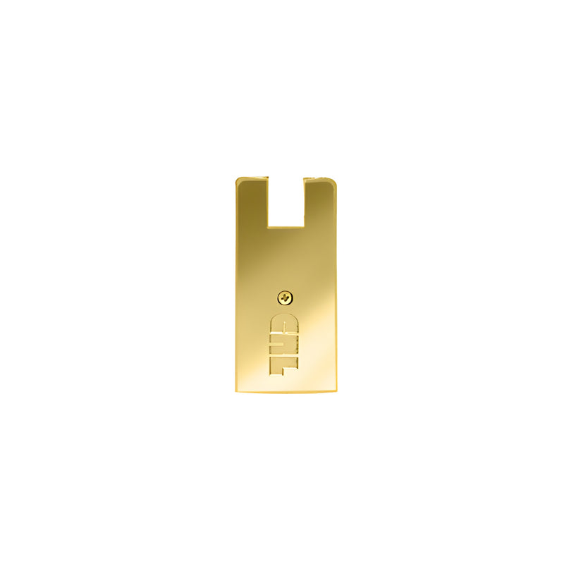 A polished brass rectangular end cap for a 4-inch square Wedge-Lock door rail featuring a central screw and CRL branding.