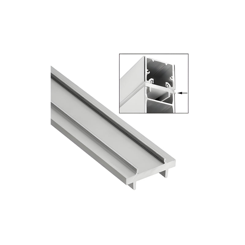 A satin anodized aluminum header mount saddle for sidelite rails shown in full length and a cross-section detail view.