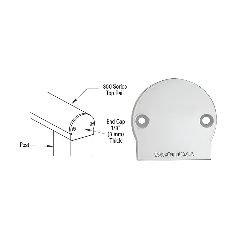 A technical diagram and product view of the silver metallic 300 Series decorative end cap for top rails.